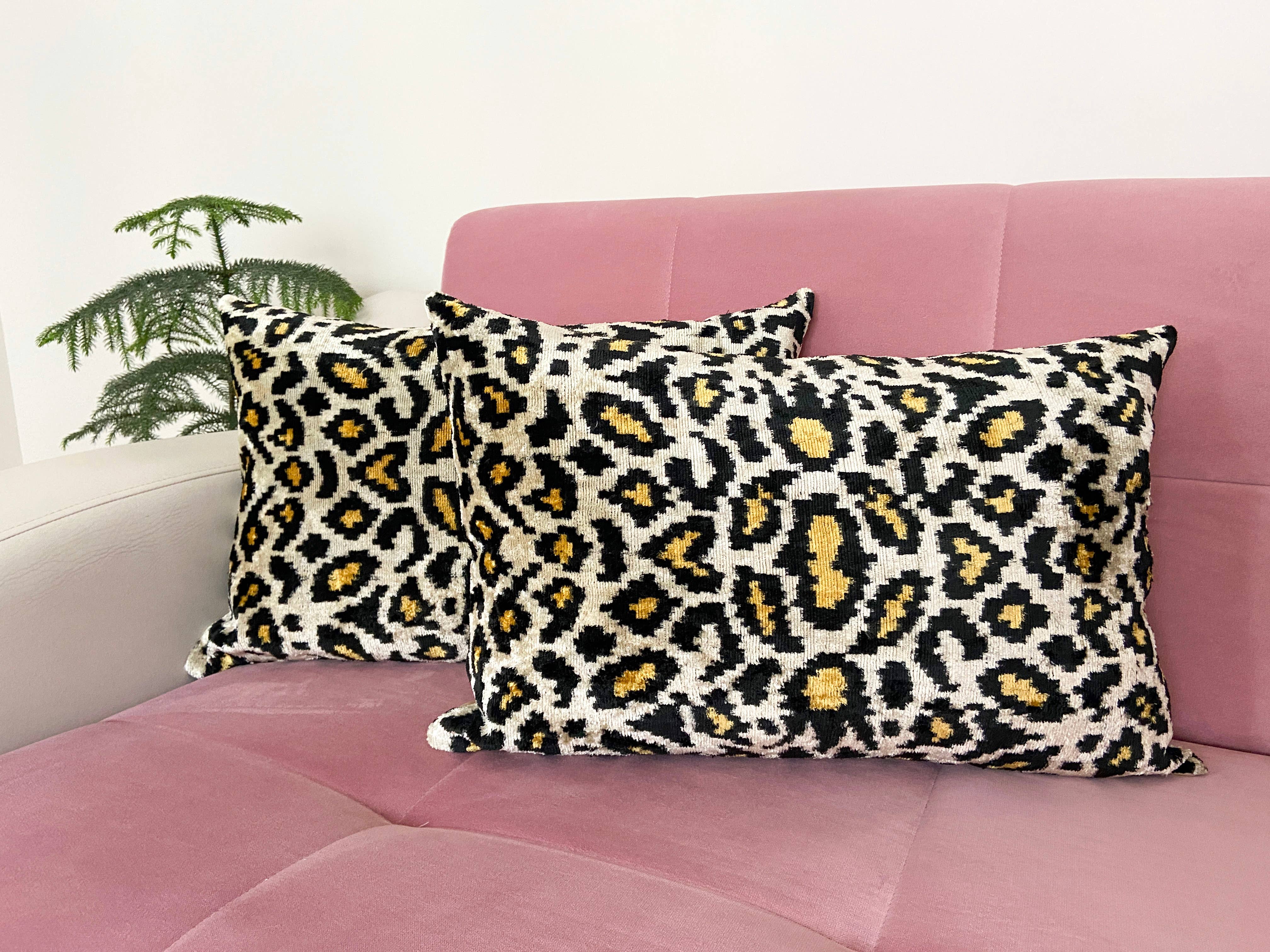 Ikat cushion in panther velvet