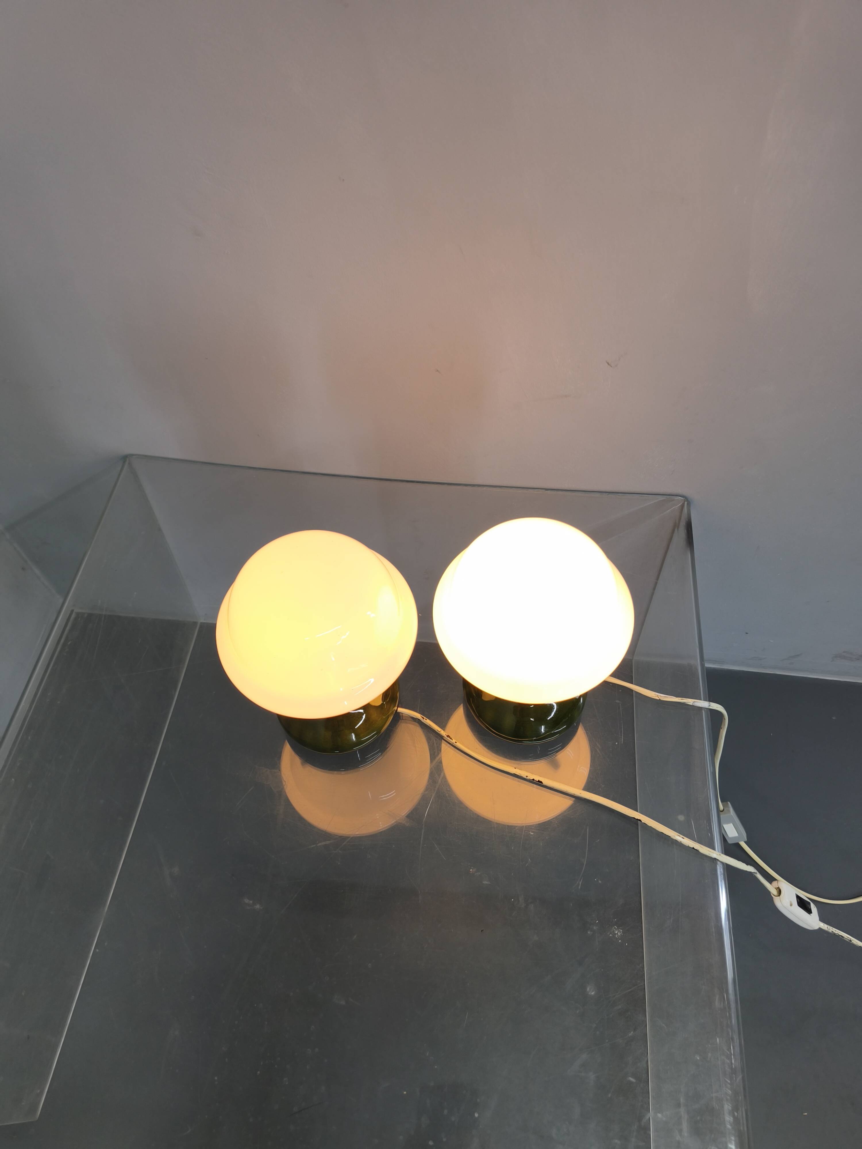 Pair Czech 1970s Milk Glass and Green Ceramic Table Lamps