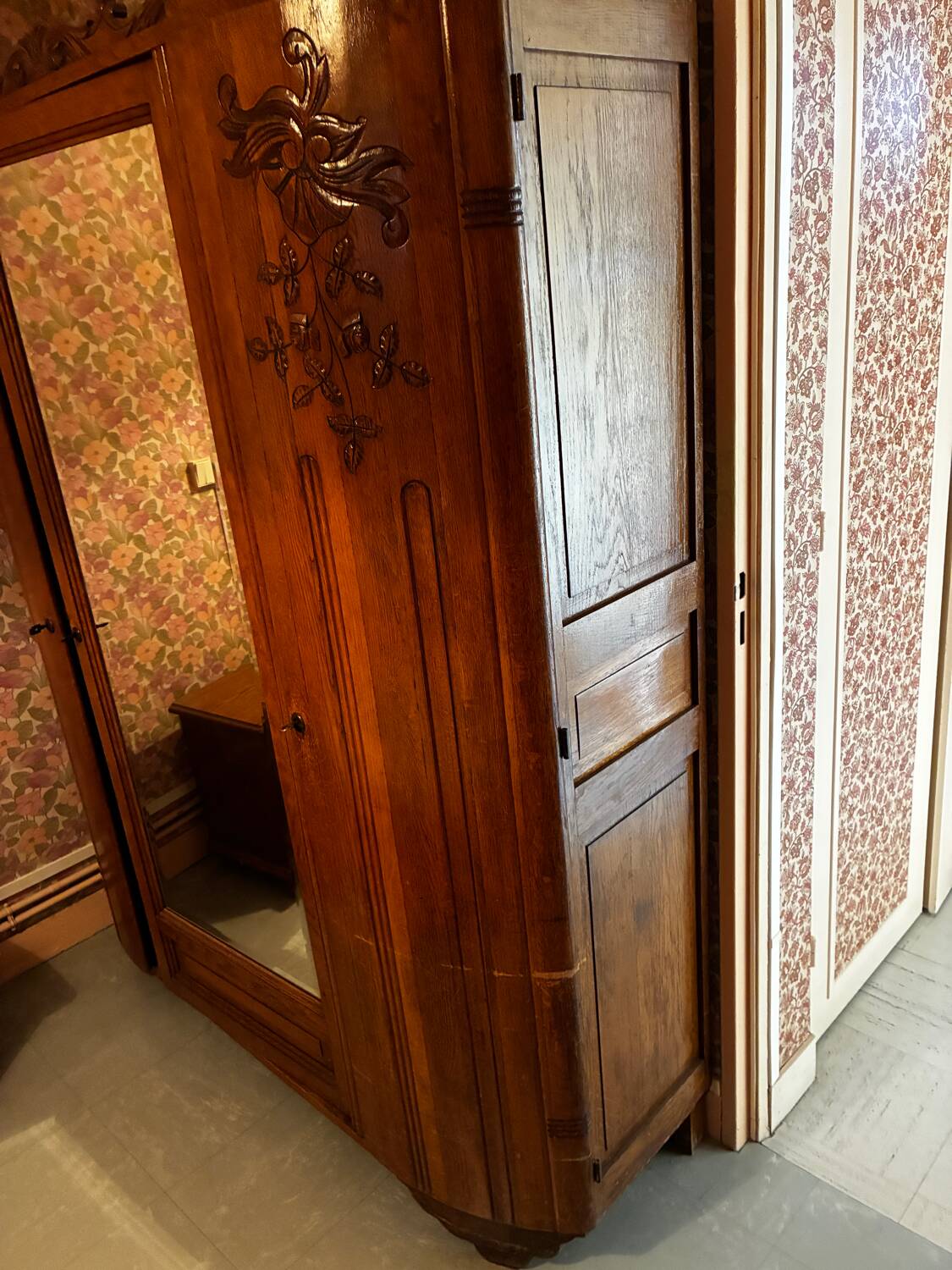 Antique Art Deco solid wood wardrobe with mirror