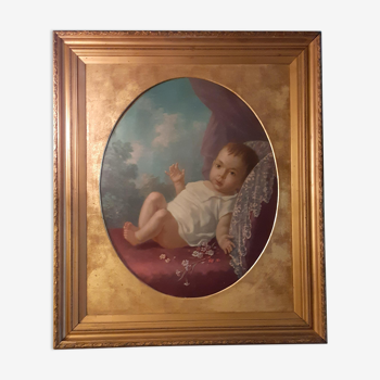 Old oil on canvas painting portrait of baby