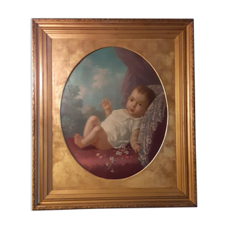 Old oil on canvas painting portrait of baby