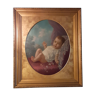 Old oil on canvas painting portrait of baby