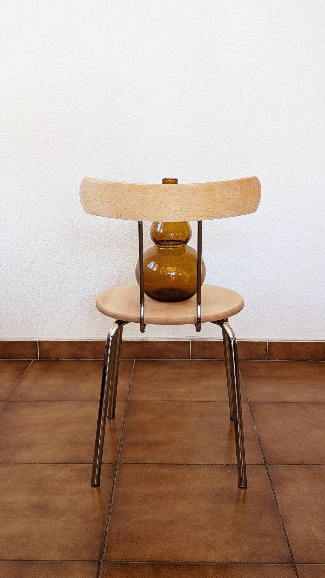Set of 4 vintage/restored 70s/80s wooden and chrome bistro chairs.