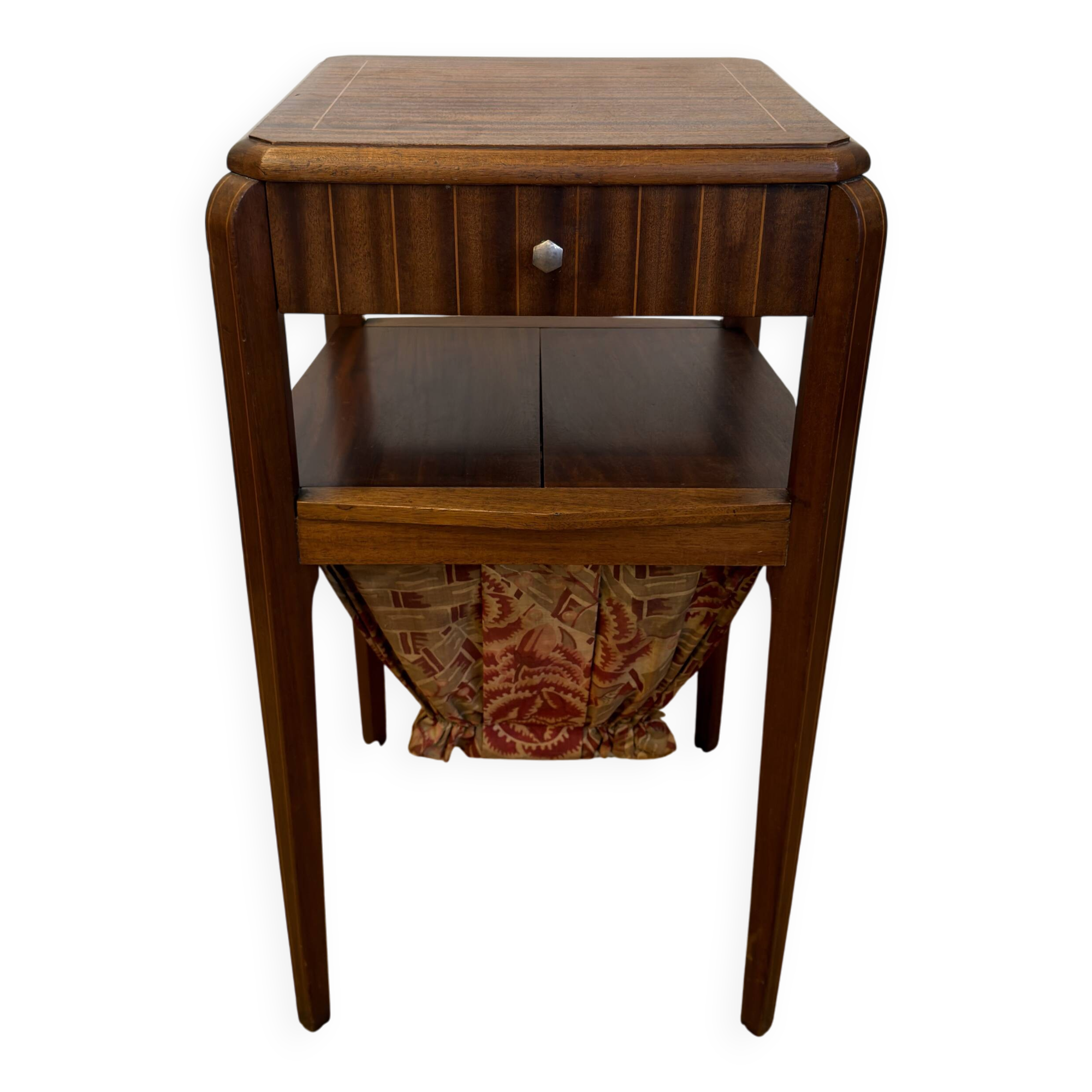 Art Deco sewing table in walnut with a foldable shelf.