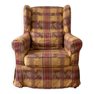 Fauteuil à oreilles vintage à carreaux bordeaux et ocre avec coussin