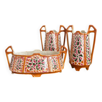 Antique Art Deco Glazed Ceramic Vases and Planter Set