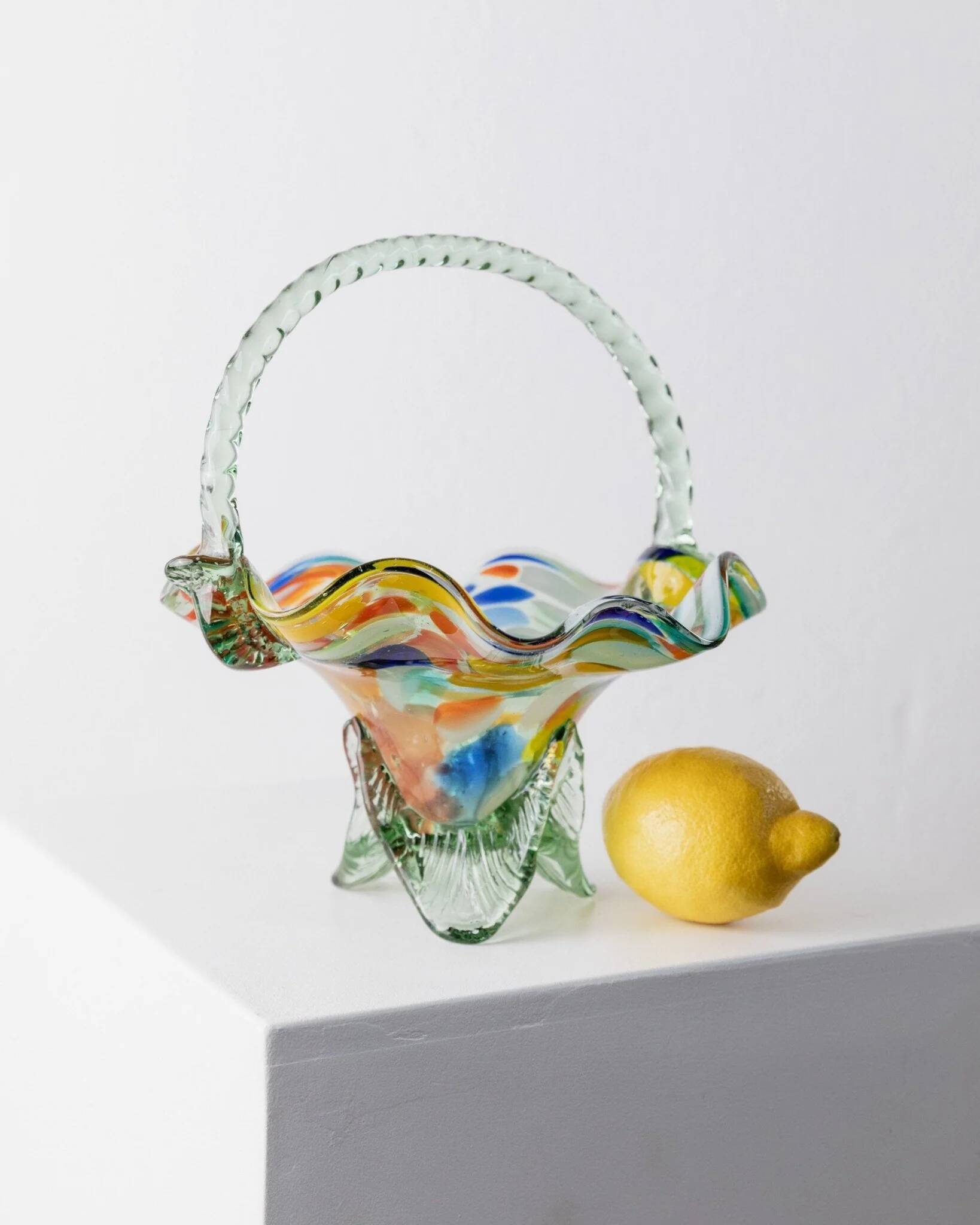 Multicolor Murano Glass Handle Bowl with Polka Dots, Ruffled Rim – 1970s Italian Mid-Century