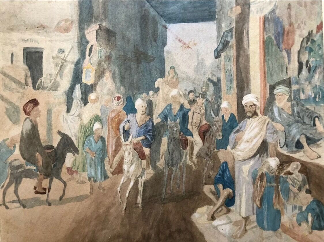 Orientalist watercolor drawing table