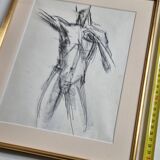 Charcoal study of a male nude, attributed to Maurice de Bus, gilded frame, 26 x 32 cm