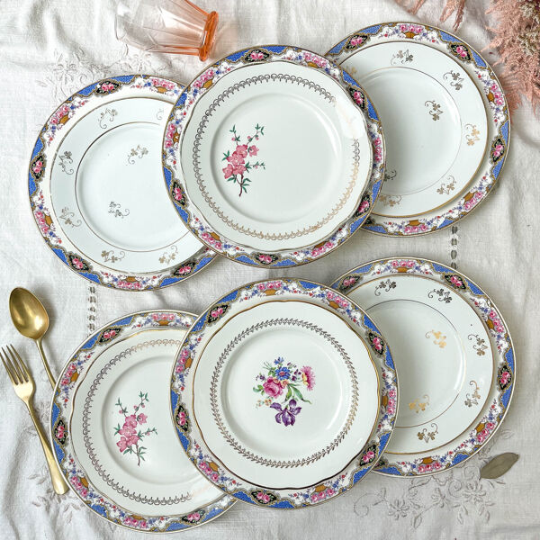 Set de 6 assiettes porcelaine et 6 petites assiettes dépareillées vintage ~ Service de table 6 personnes ~