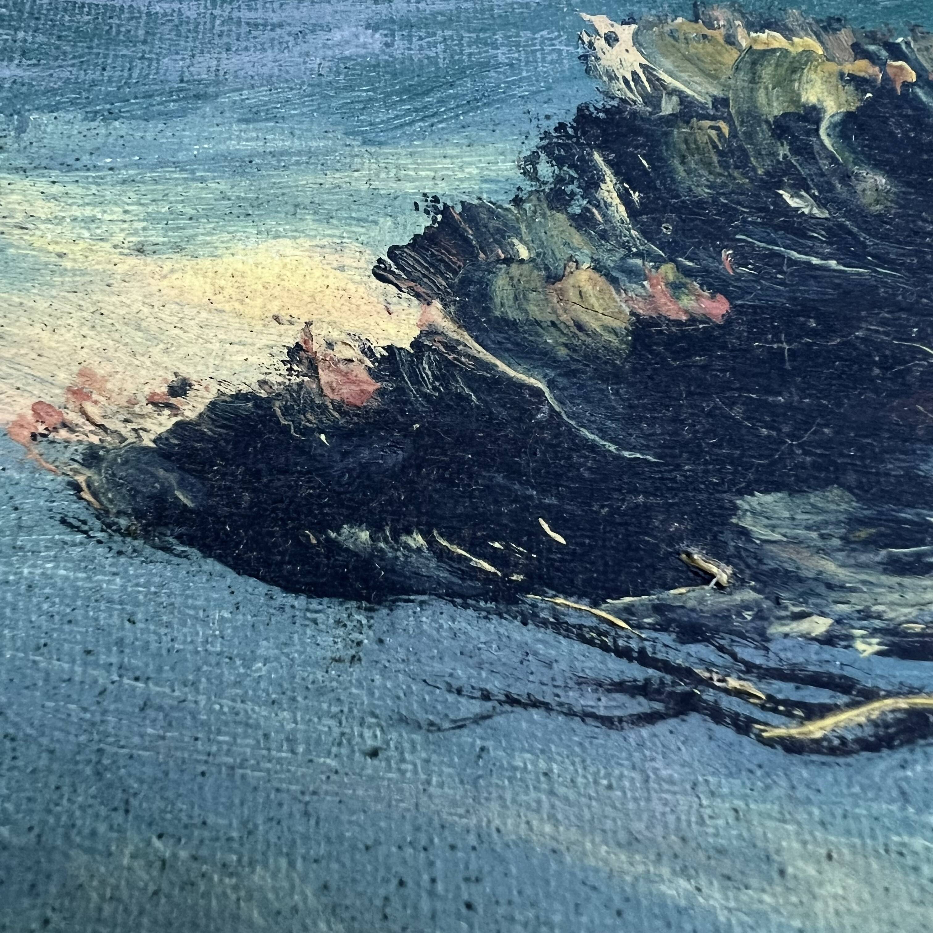 Old Oil Painting / Seaside Marine Panel Signed