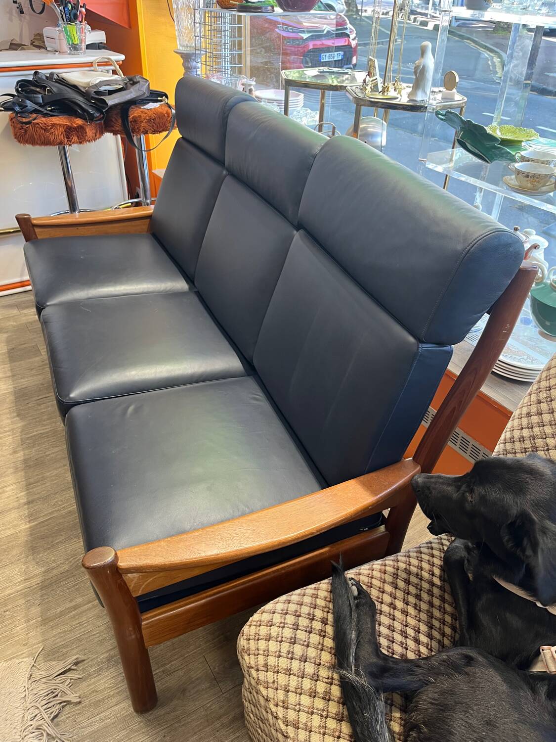 Scandinavian bench in solid teak and faux leather 1970