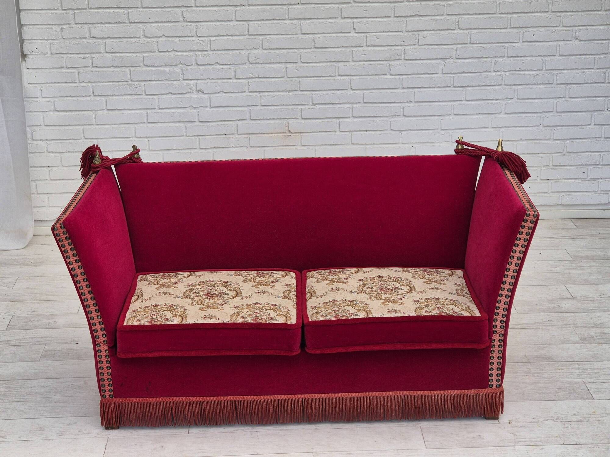 1970s, Danish drop arm "Spanish" sofa, original condition, cherry red furniture velour.
