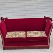 1970s, Danish drop arm "Spanish" sofa, original condition, cherry red furniture velour.