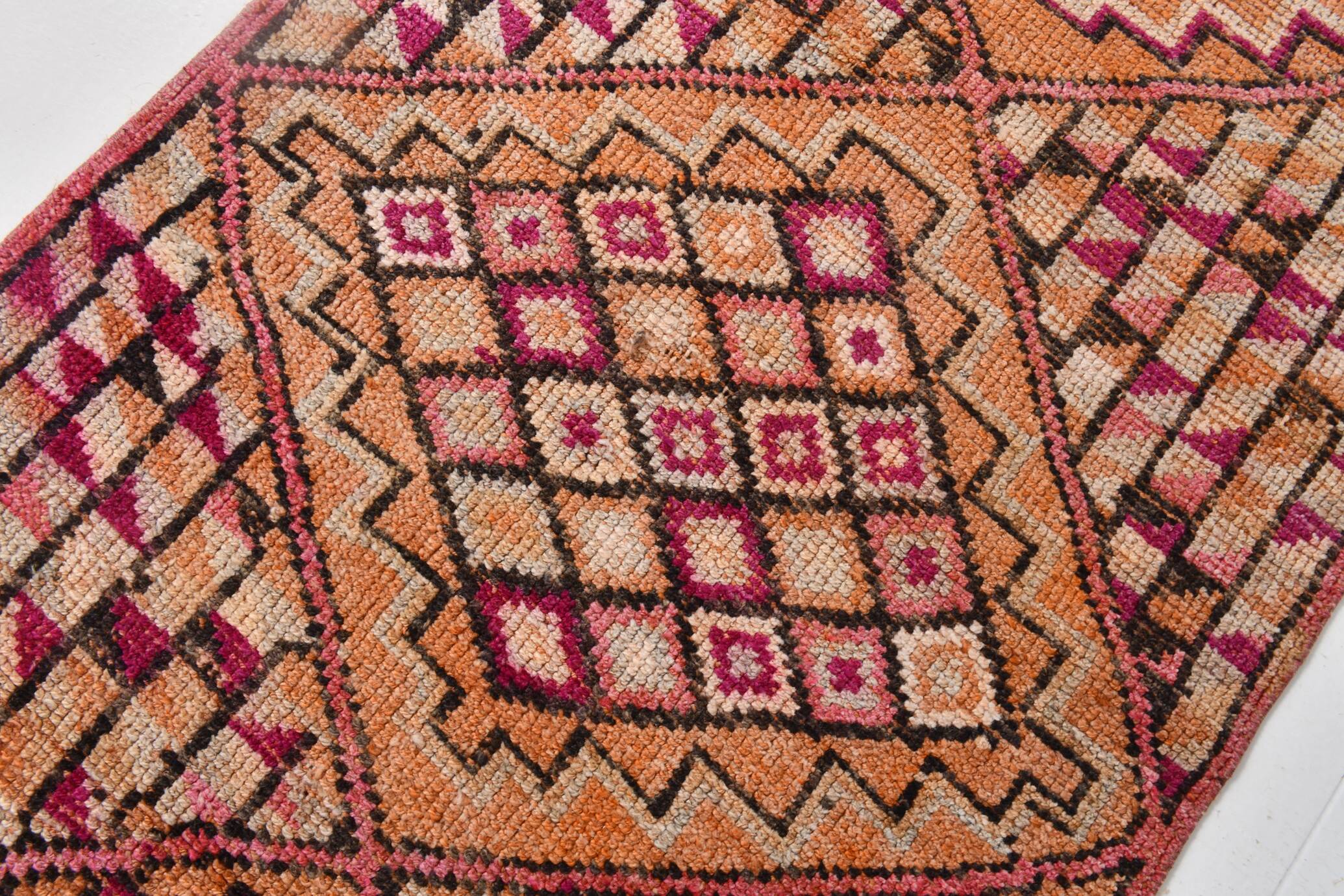 Fuchisa & Burgundy Turkish Runner Rug, One of a Kind Hallway Runner