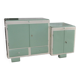 Meuble de lavabo Art Déco bois vert et blanc avec plateau verre, rangement années 1930