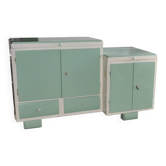 Meuble de lavabo Art Déco bois vert et blanc avec plateau verre, rangement années 1930