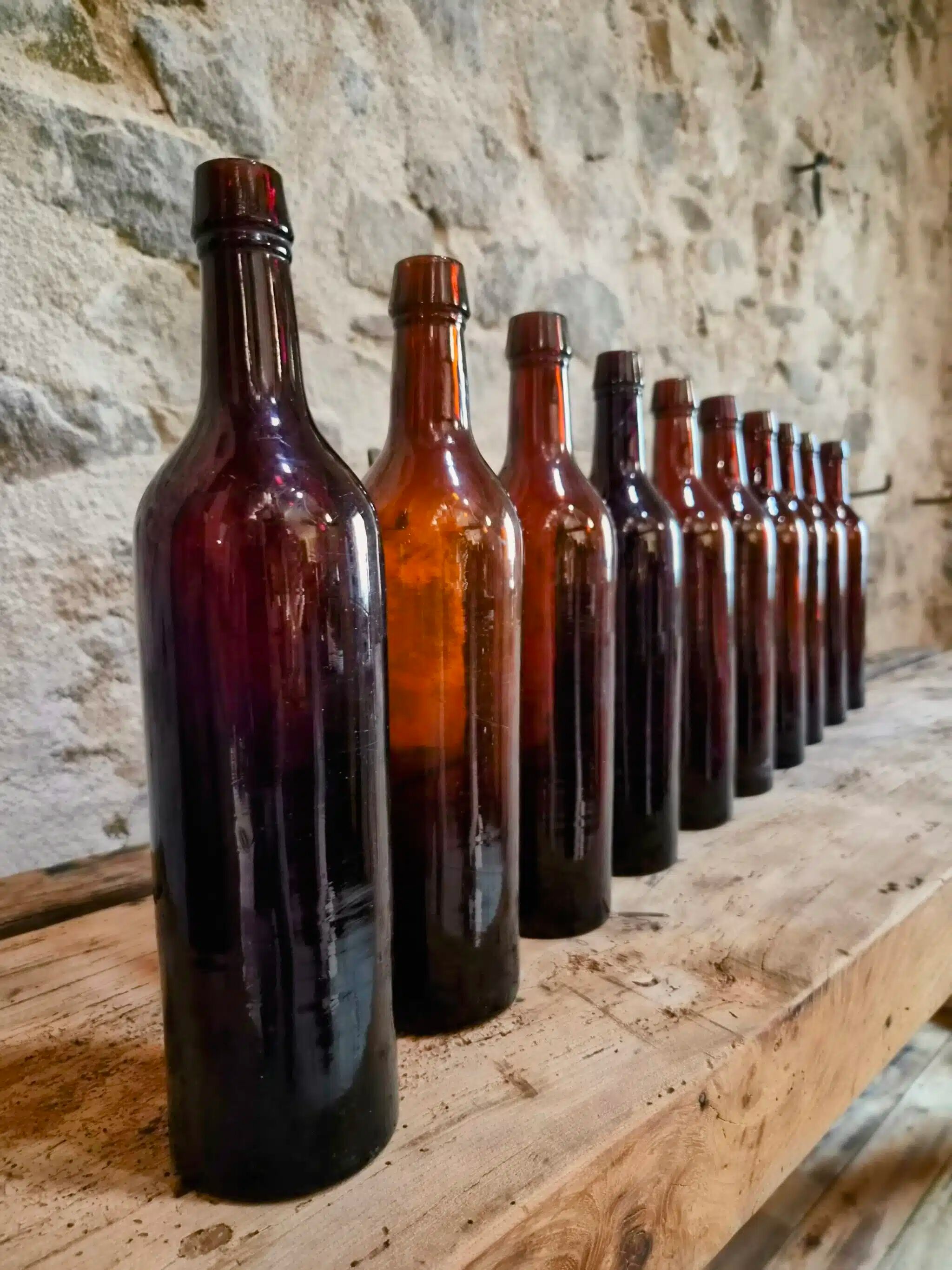 Set of 10 bottles of old Bordeaux French wine in ruby brown glass, 19th century.