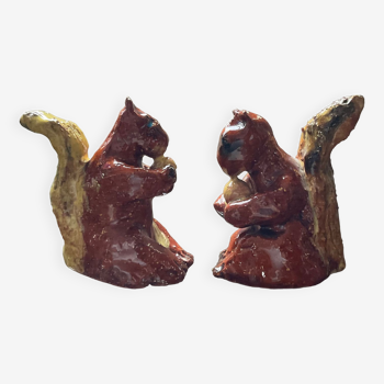 Duo of vintage squirrels in glazed terracotta