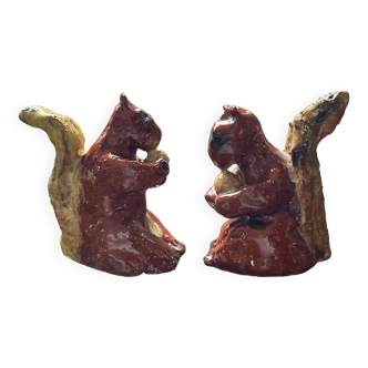 Duo of vintage squirrels in glazed terracotta