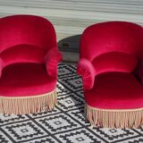 2 antique toad armchairs in red velvet