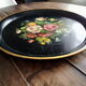 Large vintage round tray in black metal floral decoration hand-painted gold eder