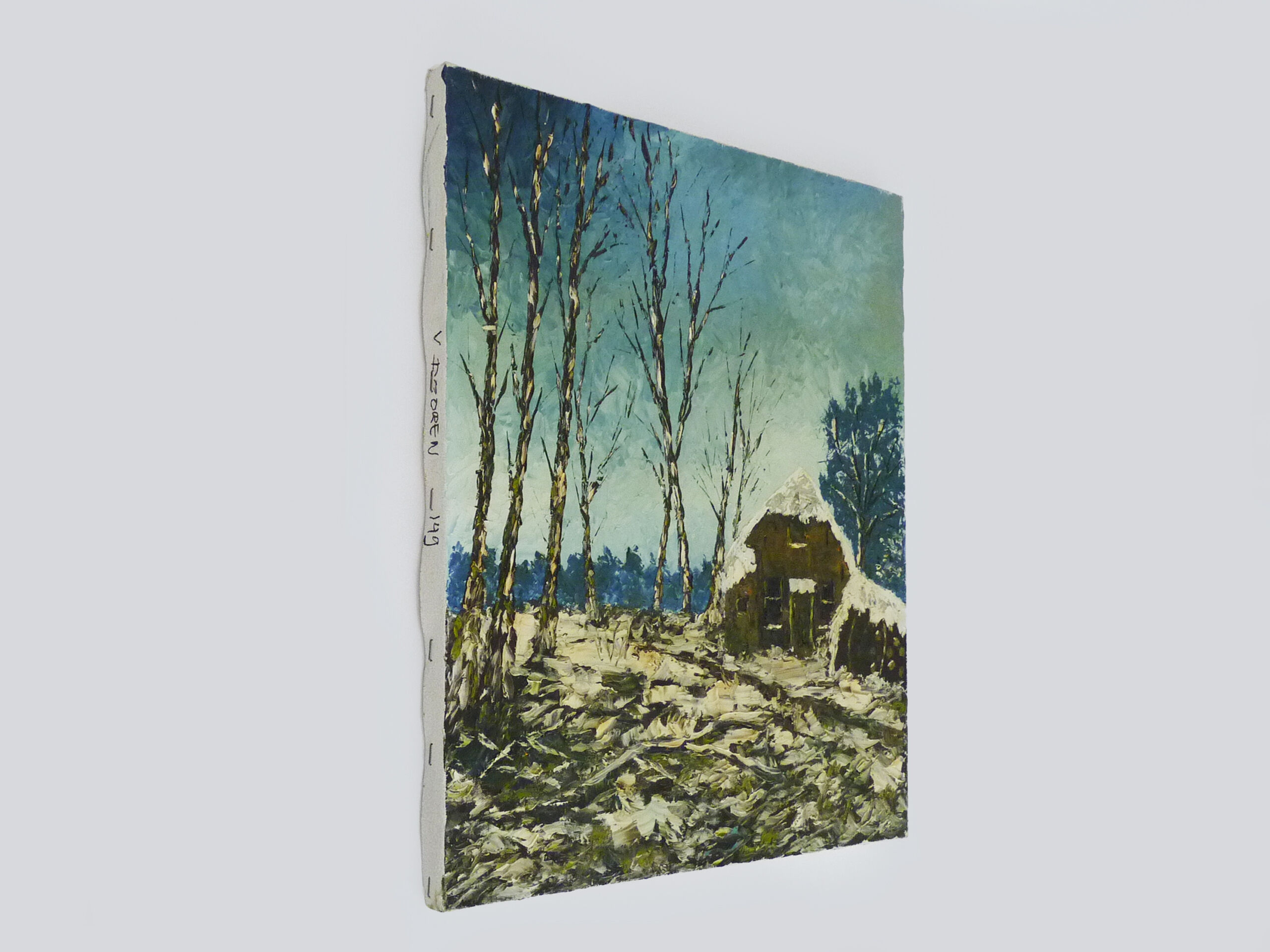 Oil on canvas village by Jan Van Dooren, winter landscape. Signed. 70s