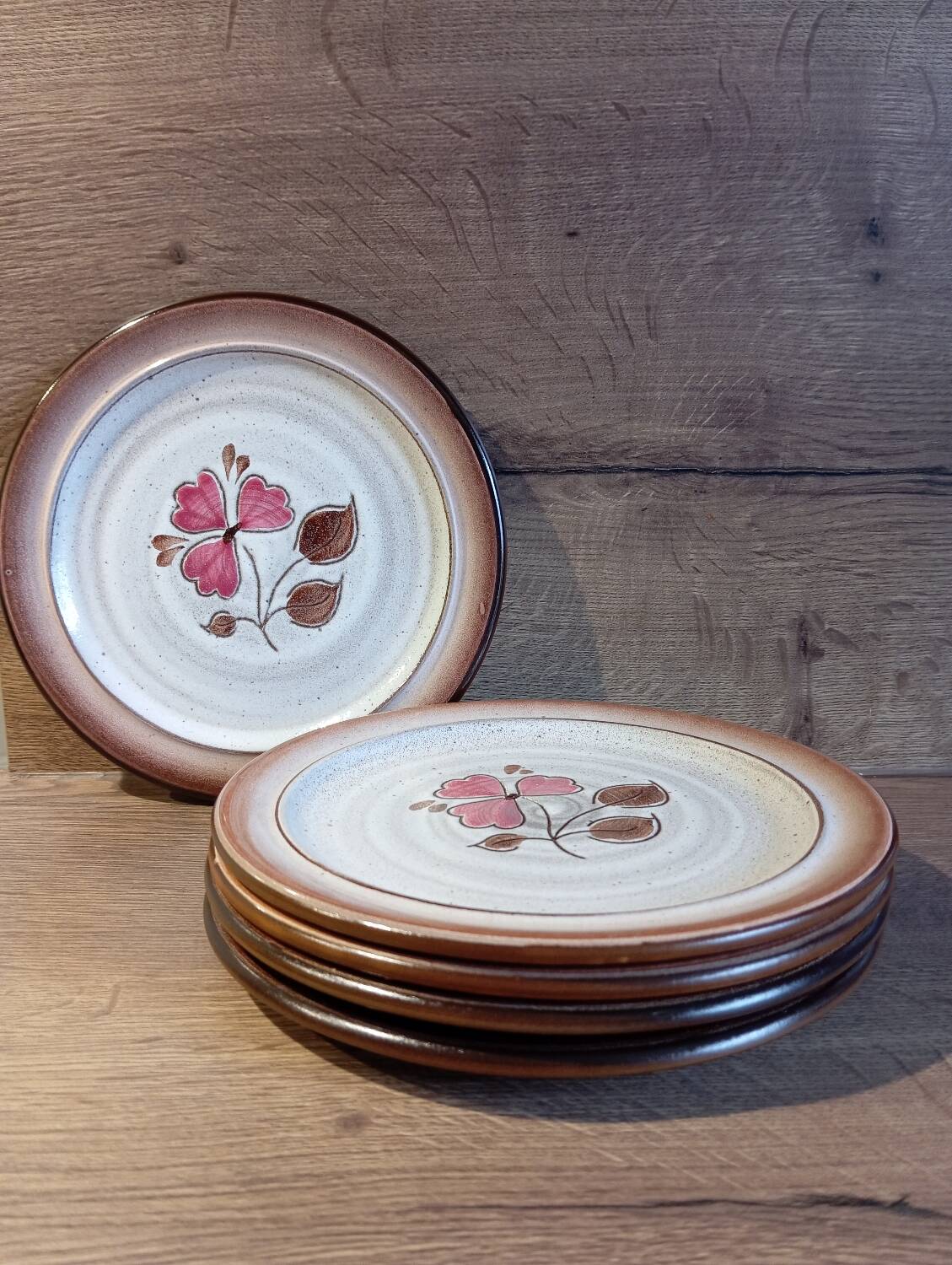 5 assiettes à dessert grès brun marron et rose, Niderviller modèle Sandra, vintage