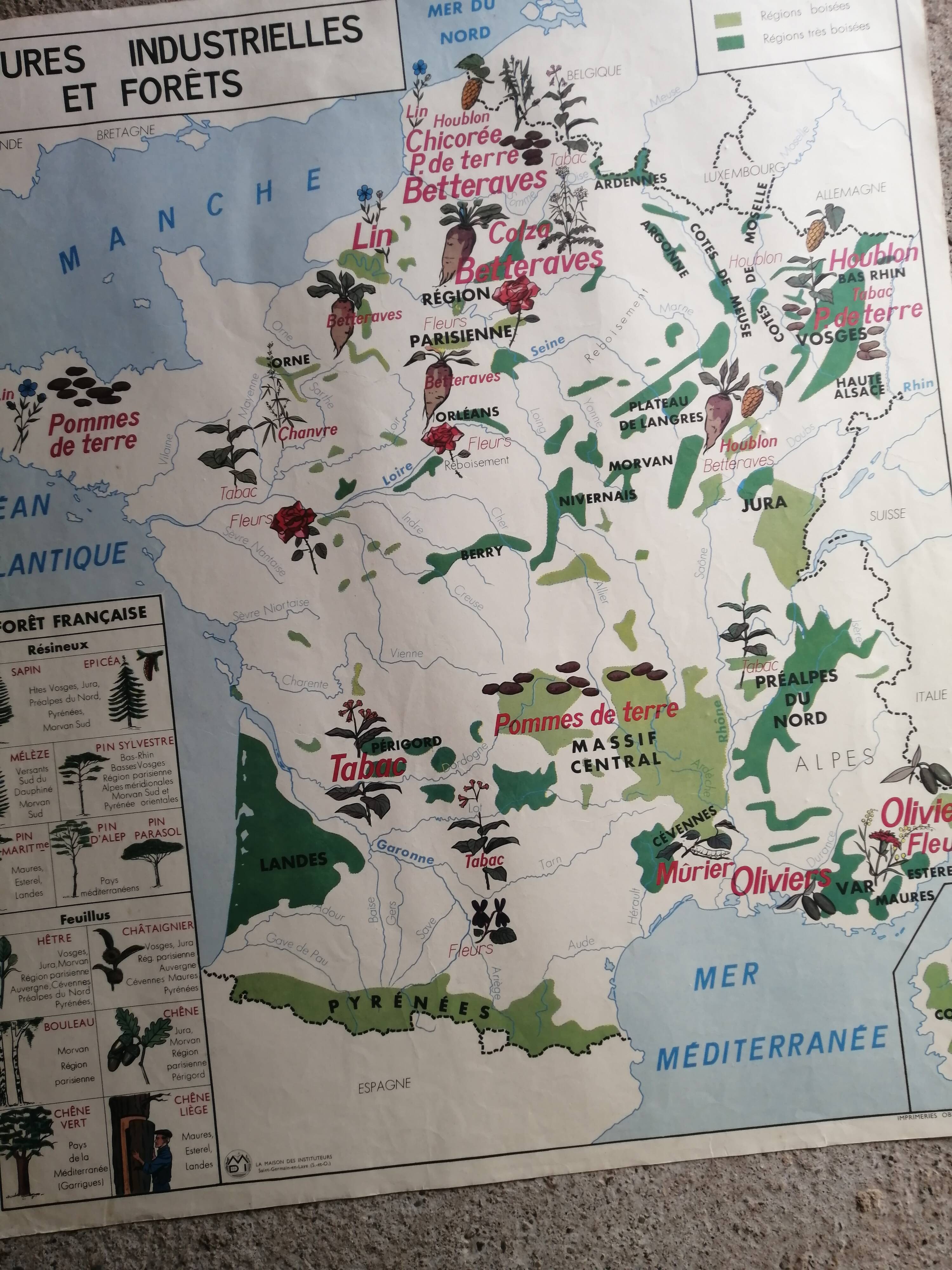 Old MDI school map: France “Industrial crops and forests”