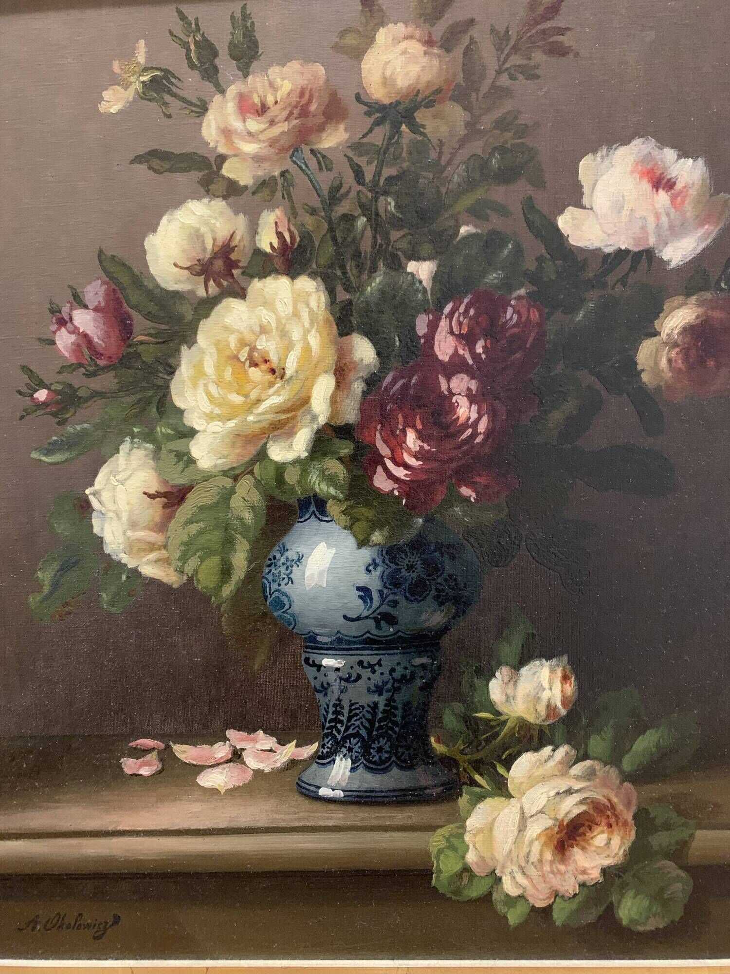 Oil on Canvas "Bouquet of Roses" - N. Okolowicz (1867-1928) - 55x46 cm