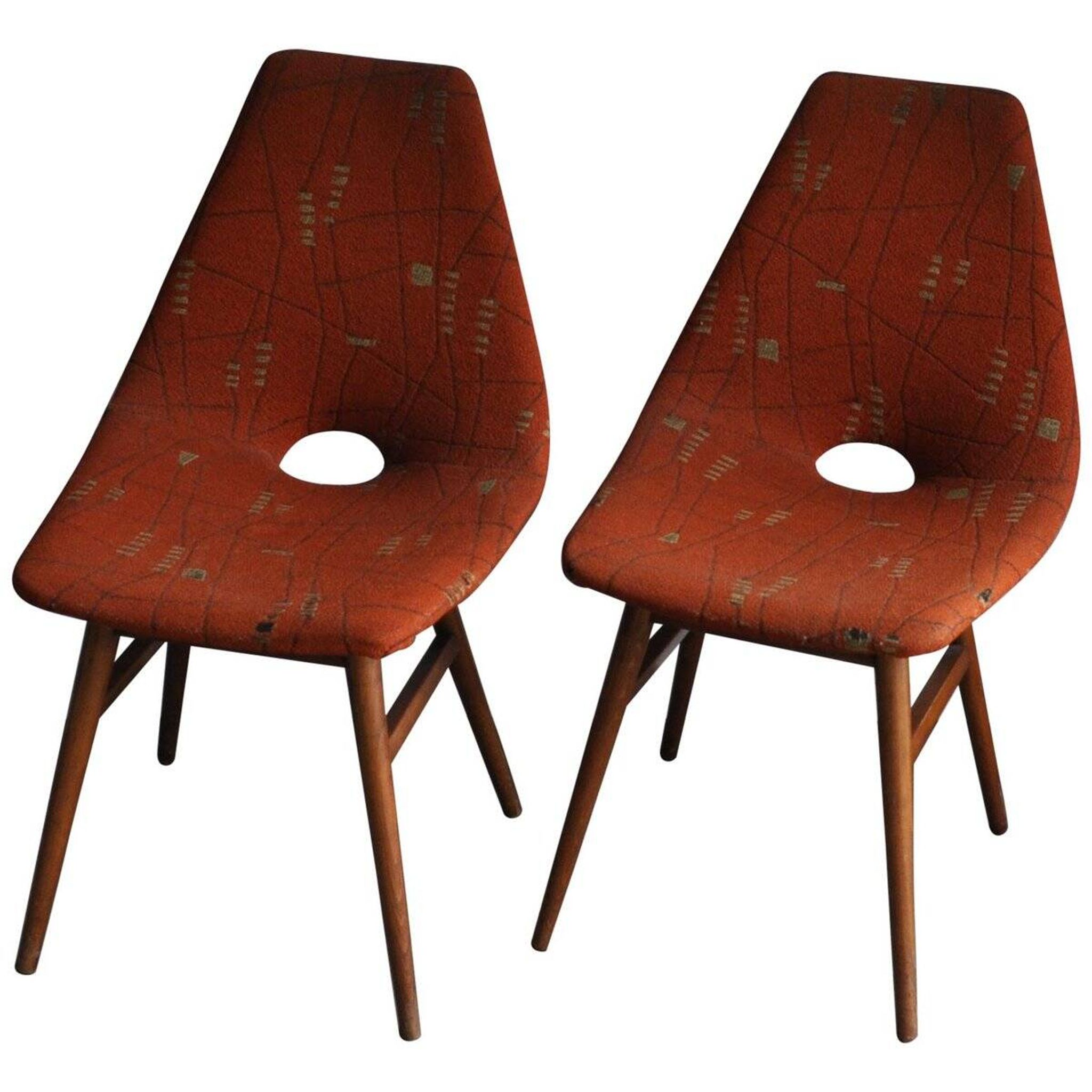 Pair of multicoloured fabric and wood Erika chairs — Judit Burián for SZKIV, 1959