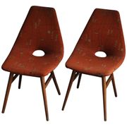 Pair of multicoloured fabric and wood Erika chairs — Judit Burián for SZKIV, 1959