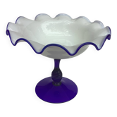 Vintage footed coupe in opaline white and cobalt blue blown glass –
