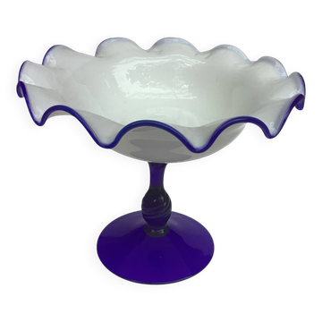 Vintage footed coupe in opaline white and cobalt blue blown glass –