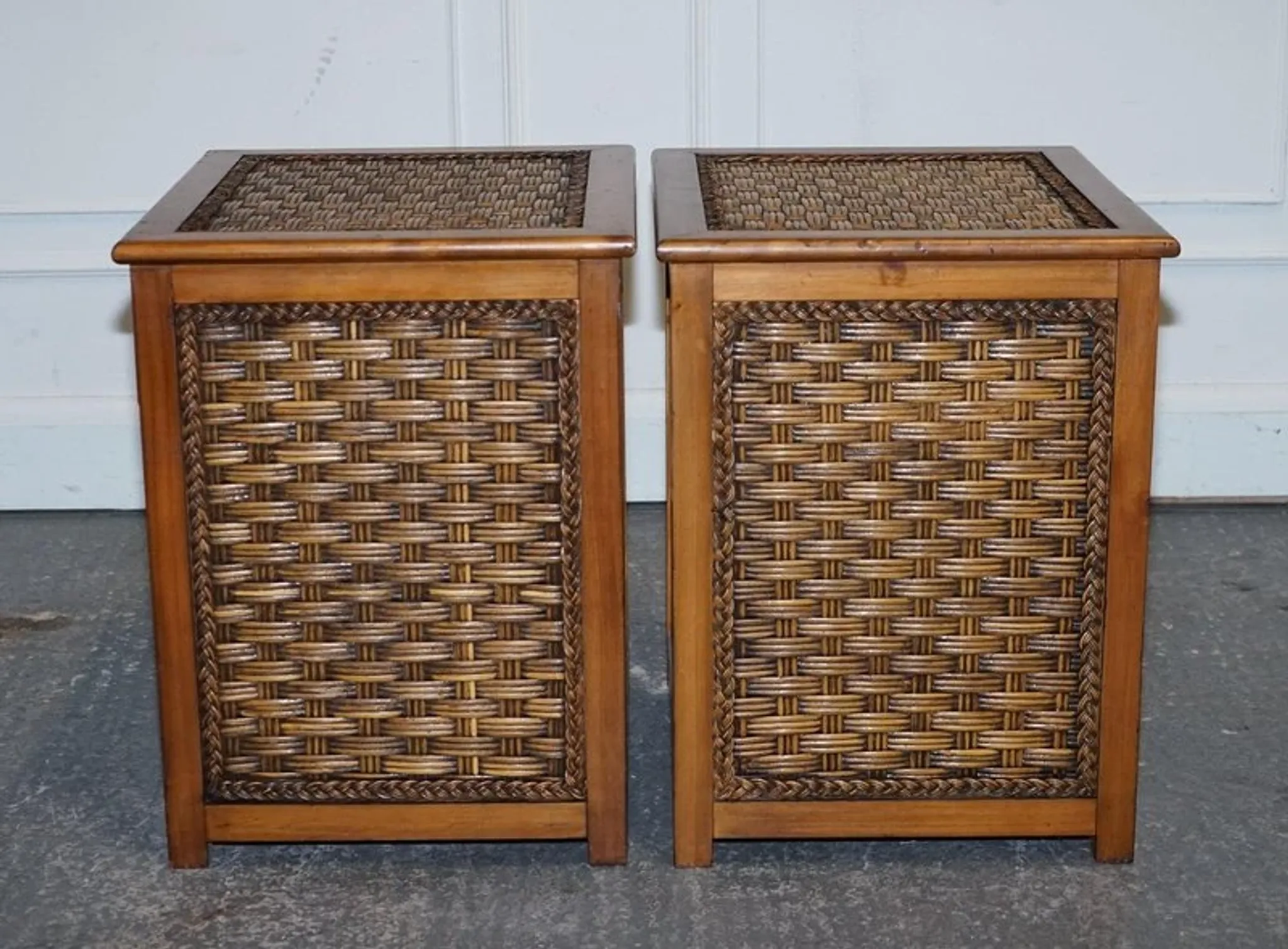 Tables de Chevet Vintage en Rotin avec Tiroir, Set de 2