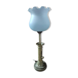 Lampe bougeoir laiton tulipe verre dépoli bleuté