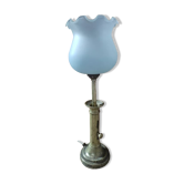 Lampe bougeoir laiton tulipe verre dépoli bleuté