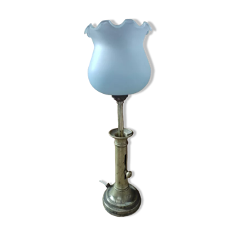 Lampe bougeoir laiton tulipe verre dépoli bleuté