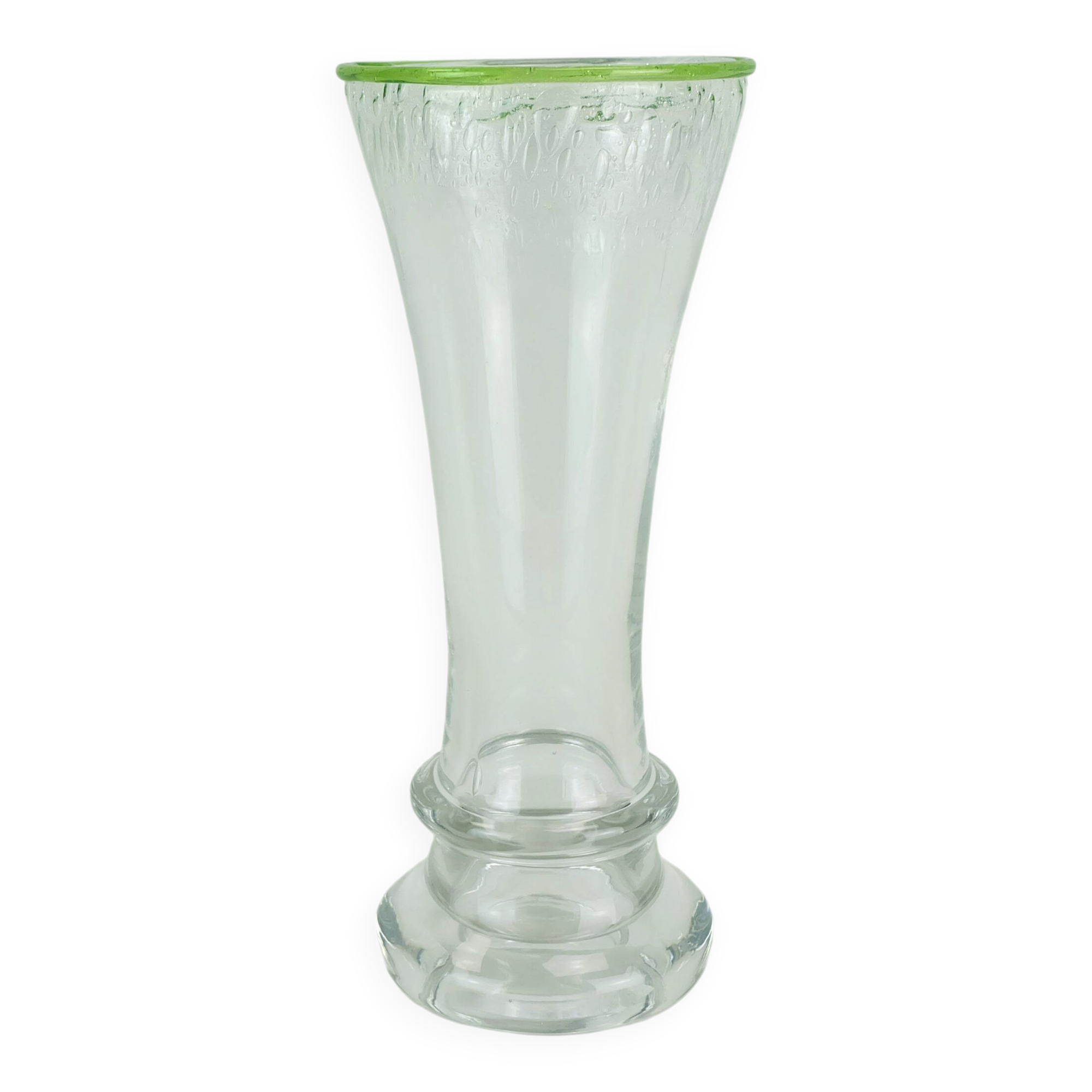 1970s glass VASE by eisch thick clear glass and bubble glass green rim