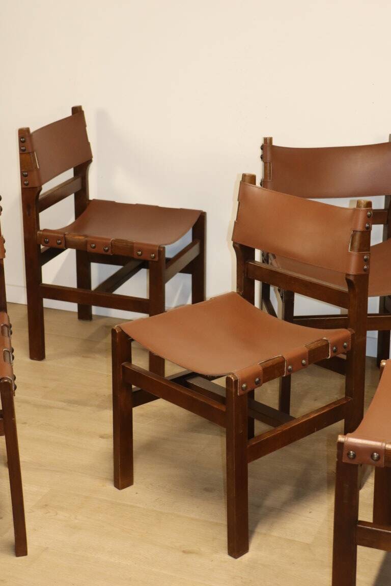 Series of 6 vintage Maison Regain chairs in leather and wood, 1960s