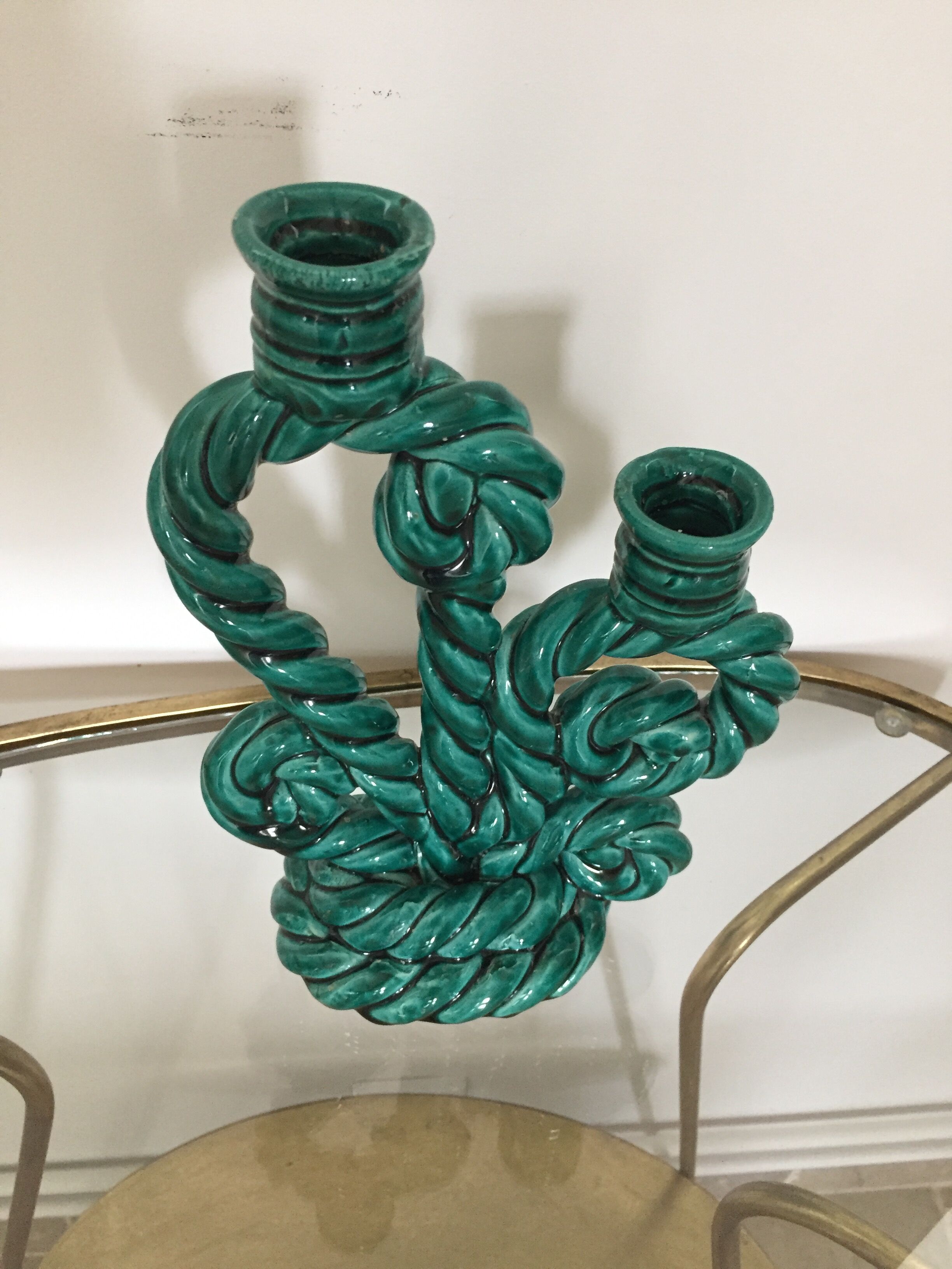 Double candlestick in green twisted ceramic vintage 50s