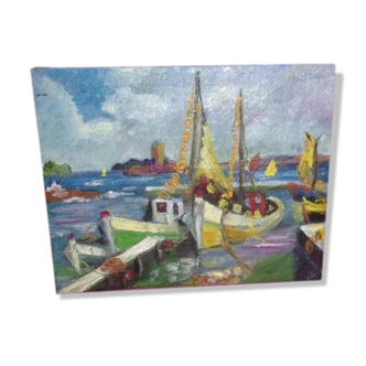 charmante petite peinture vintage, peinture à l'huile sur panneau, bateaux, bord de mer, dbox