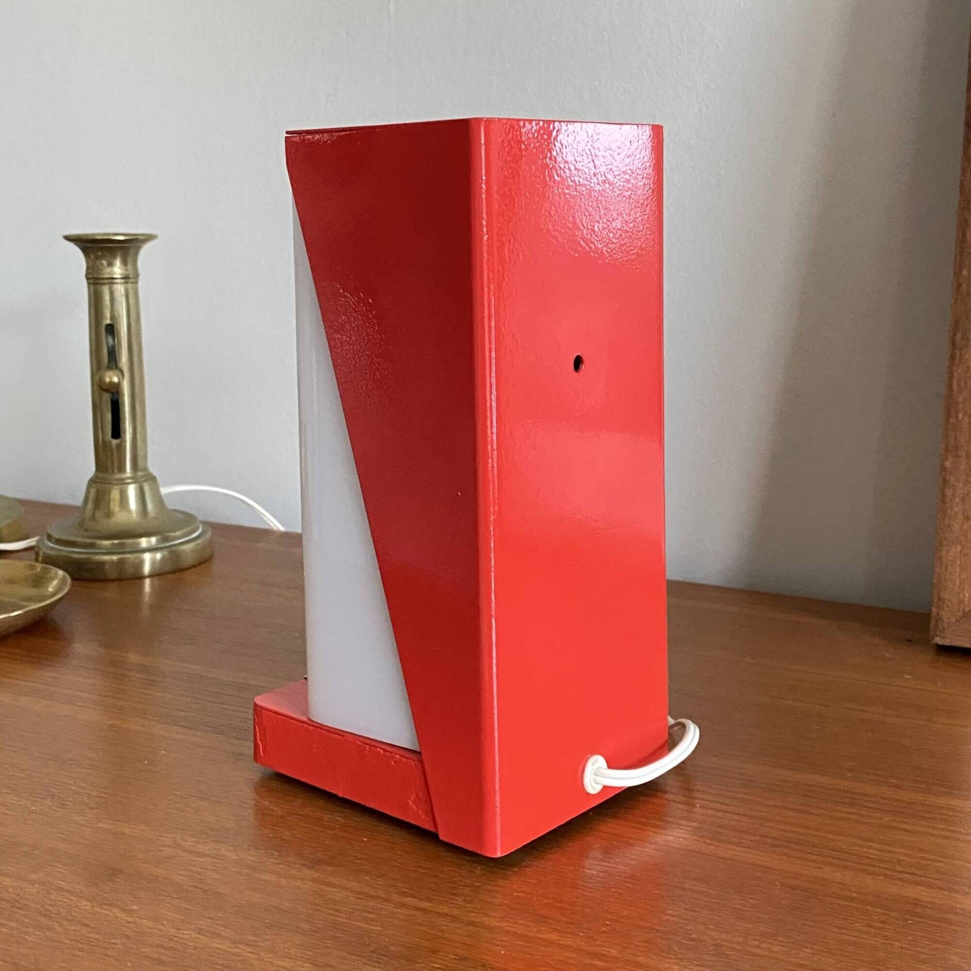 Table lamp in red painted metal and white plexiglass 60s vintage LAMP-7149