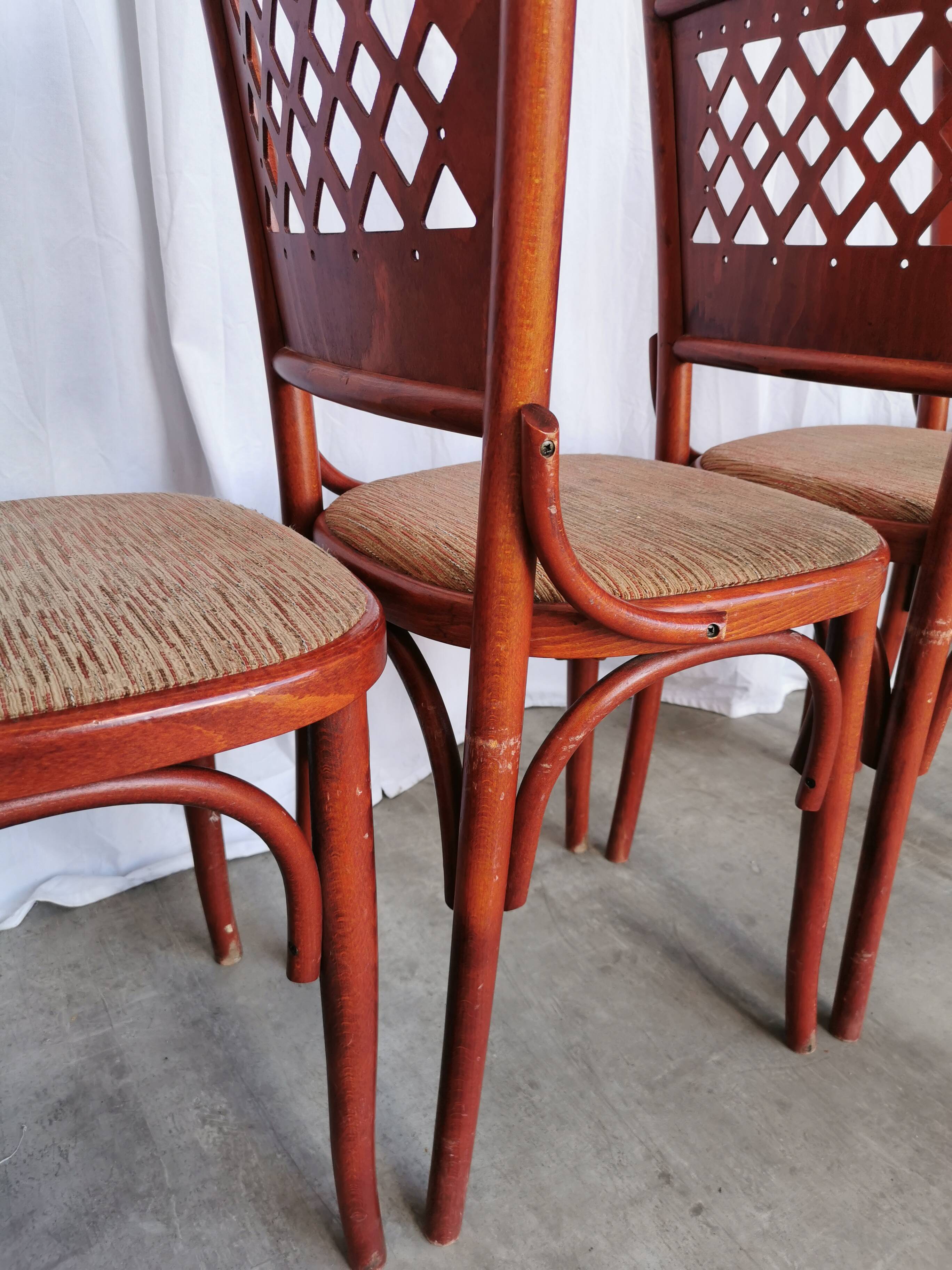 Vintage Italian Bistro Chairs - 1980s Reddish Wood, Brown Fabric - Set of 6