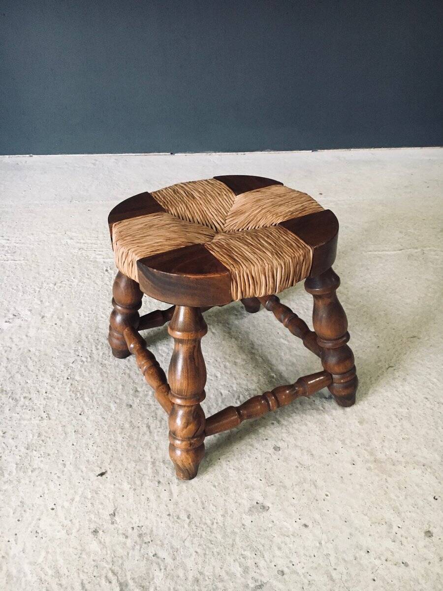 Rustic Low Oak and Rush Stools in the style of Charles Dudouyt, France, 1940s, Set of 2