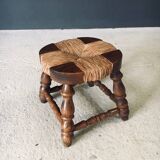 Rustic Low Oak and Rush Stools in the style of Charles Dudouyt, France, 1940s, Set of 2