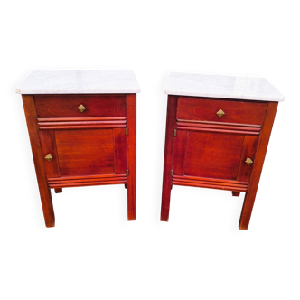 Set of 2 wooden and marble bedside tables.