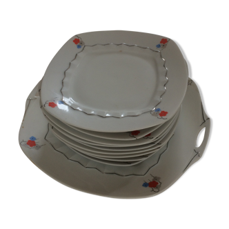 Cake service: 9 square plates and flat dish with ears