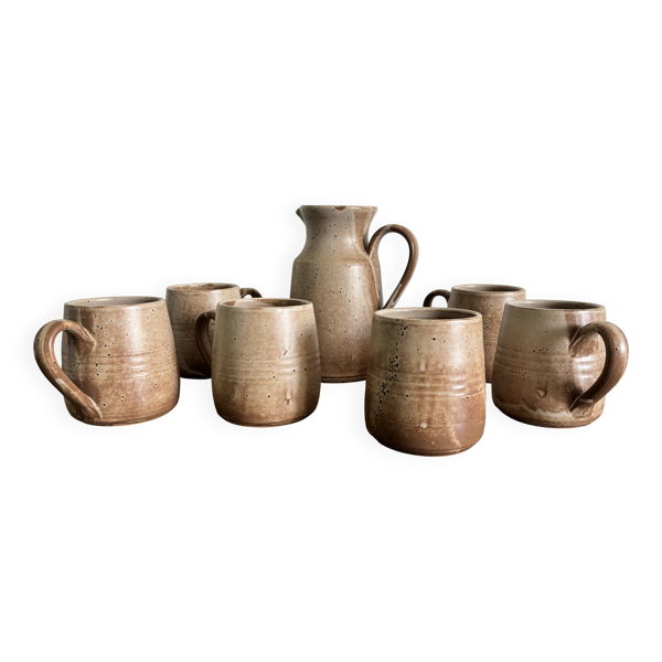 Service en grès complet artisanal vintage – 6 mugs & pichet Vallauris