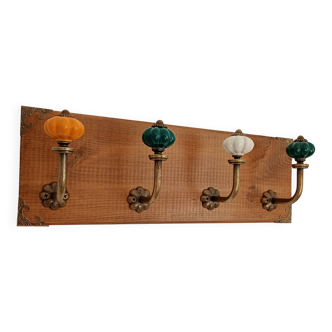 Vintage wall coat rack handmade - 4 ceramic hooks - 35 cm